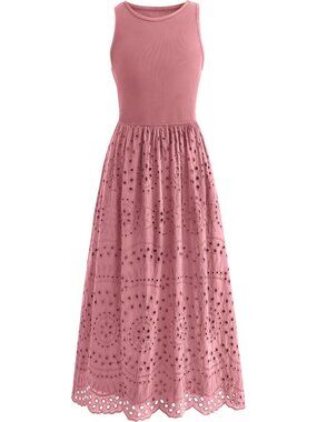 Women's Dress Maxi Pink Crew Neck Short Sleeveles Pockets A Line Casual Summer